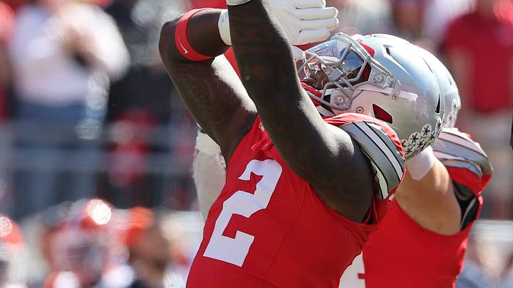 Sep 26, 2026; Columbus, Ohio, USA; Ohio State Buckeyes defensive end Kenyatta Jackson Jr. (2) celebrates a defensive stop during the first quarter against the Illinois Fighting Illini at Ohio Stadium. Mandatory Credit: Joseph Maiorana-Imagn Images Sep 26, 2026; Columbus, Ohio, USA; Ohio State Buckeyes defensive end Kenyatta Jackson Jr. (2) celebrates a defensive stop during the first quarter against the Illinois Fighting Illini at Ohio Stadium. Mandatory Credit: Joseph Maiorana-Imagn Images