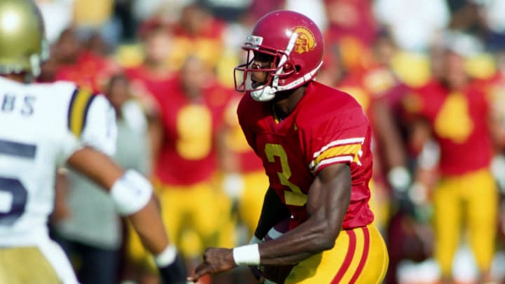 Nov 18, 1995; Los Angeles, CA, USA; FILE PHOTO; Southern California receiver Keyshawn Johnson (3) in action against UCLA at the Los Angeles Coliseum. UCLA defeated USC 24-20. Mandatory Credit: Imagn Images