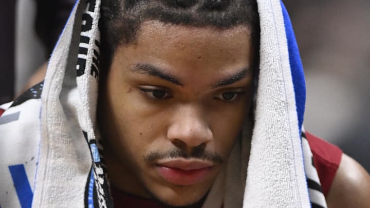 Arkansas Razorbacks guard Darius Acuff Jr. during a timeout against the Arizona Wildcats in the Sweet Sixteen of the men's NCAA Tournament on Mar 26, 2026.