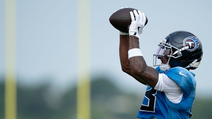 Tennessee Titans wide receiver James Proche II (13) makes a catch during training camp at Ascension Saint Thomas Sports Park in Nashville, Tenn., Tuesday, July 29, 2025.