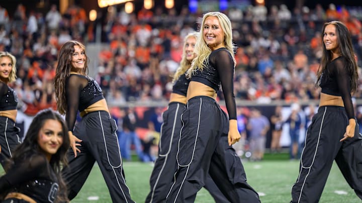Aug 30, 2025; Corvallis, Oregon, USA; Oregon State Beavers cheerleaders perform during the second quarter at Reser Stadium. Mandatory Credit: Craig Strobeck-Imagn Images