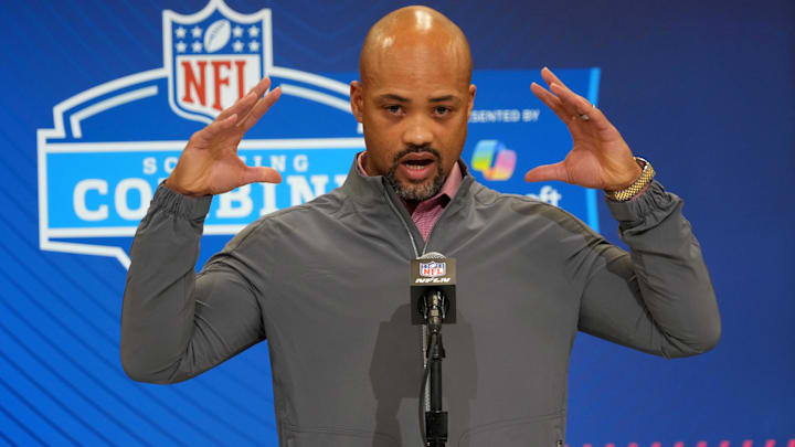 Atlanta Falcons general manager Terry Fontenot speaks during the NFL Scouting Combine at the Indiana Convention Center.