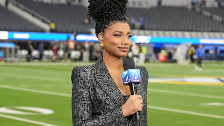Thursday Night Football reporter Taylor Rooks during the game between the Los Angeles Rams and the New Orleans Saints at SoFi Stadium. Thursday Night Football reporter Taylor Rooks during the game between the Los Angeles Rams and the New Orleans Saints at SoFi Stadium.