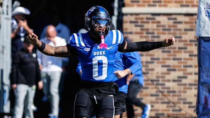 Oct 18, 2025; Durham, North Carolina, USA; Duke Blue Devils tight end Chandler Rivers (0) runs out before the first half of the game against Georgia Tech Yellow Jackets at Wallace Wade Stadium. Mandatory Credit: Jaylynn Nash-Imagn Images Oct 18, 2025; Durham, North Carolina, USA; Duke Blue Devils tight end Chandler Rivers (0) runs out before the first half of the game against Georgia Tech Yellow Jackets at Wallace Wade Stadium. Mandatory Credit: Jaylynn Nash-Imagn Images