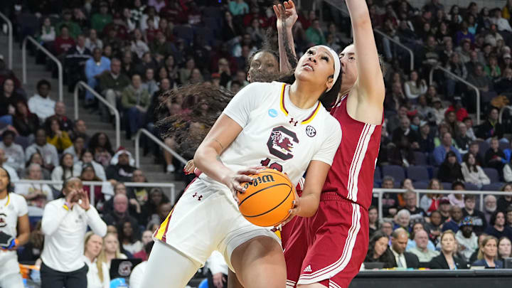 Mar 29, 2024; Albany, NY, USA; South Carolina Gamecocks center Kamilla Cardoso (10) looks to put up a shot against Indiana in the Sweet 16. 