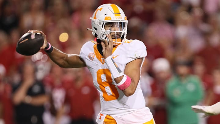 Oct 5, 2024; Fayetteville, Arkansas, USA; Tennessee Volunteers quarterback Nico Iamaleava (8) passes in the second quarter against the Arkansas Razorbacks at Donald W. Reynolds Razorback Stadium. Mandatory Credit: Nelson Chenault-Imagn Images
