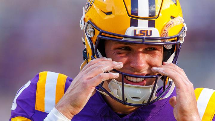 LSU Tigers quarterback Sam Leavitt (10) during warmups before the game against Louisiana Tech Bulldogs at Tiger Stadium. LSU Tigers quarterback Sam Leavitt (10) during warmups before the game against Louisiana Tech Bulldogs at Tiger Stadium.