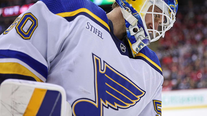 Mar 7, 2024; Newark, New Jersey, USA; St. Louis Blues goaltender Jordan Binnington (50) skates during a stoppage during the first period against the New Jersey Devils at Prudential Center. Mandatory Credit: Vincent Carchietta-Imagn Images