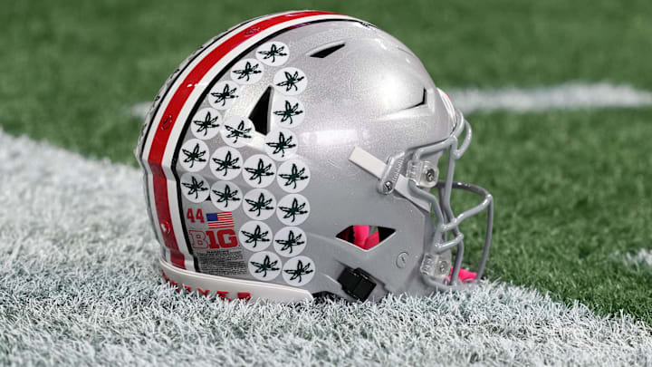 Jan 18, 2025; Atlanta, GA, USA; A Ohio State Buckeyes helmet on the field during practice at Mercedes-Benz Stadium. Mandatory Credit: Kirby Lee-Imagn Images