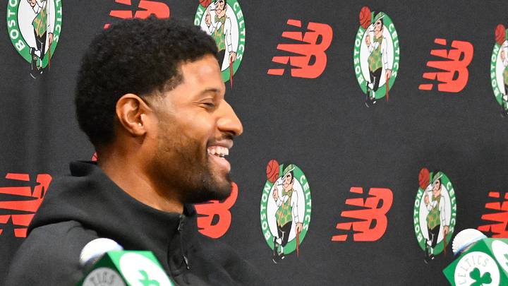September 15, 2026; Boston, Massachusetts, USA; Boston Celtics forward Paul George (13), guard Mike Conley (45) and president of basketball operations Brad Stevens laugh at a joke during a press conference at The Auerbach Center at Boston Landing. Mandatory Credit: Eric Canha-Imagn Images