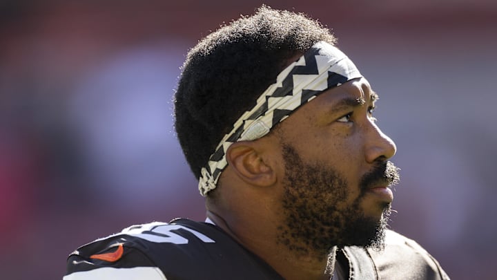 Oct 20, 2024; Cleveland, Ohio, USA; Cleveland Browns defensive end Myles Garrett (95) walks back to the locker room following warmups before the game against the Cincinnati Bengals at Huntington Bank Field. Mandatory Credit: Scott Galvin-Imagn Images Oct 20, 2024; Cleveland, Ohio, USA; Cleveland Browns defensive end Myles Garrett (95) walks back to the locker room following warmups before the game against the Cincinnati Bengals at Huntington Bank Field. Mandatory Credit: Scott Galvin-Imagn Images