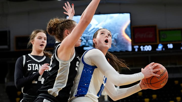 Clear Creek Amana's Averie Lower (10) looks to the basket against the Mount Vernon Mustangs during a girls basketball game Tuesday, Feb. 11, 2025 at Xtream Arena in Coralville, Iowa.