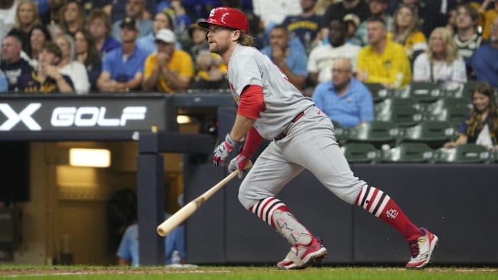 Sep 12, 2025; Milwaukee, Wisconsin, USA; St. Louis Cardinals second base Brendan Donovan (33) gets a base hit against the Milwaukee Brewers in the seventh inning at American Family Field. Mandatory Credit: Michael McLoone-Imagn Images