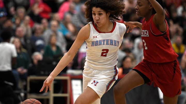 Monterey's Aaliyah Chavez (2) had 19 points in the second quarter and finished with 50 in Tuesday's Class 5A Division II Region 1 semifinal against Fort Worth Brewer. Monterey won the game 76-40 and will play Argyle in the region final on Feb. 20.