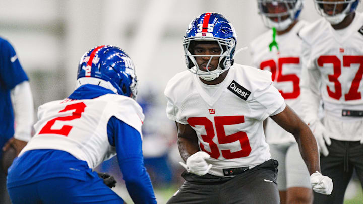 New York Giants cornerback Art Green (35) and cornerback Deonte Banks (2) participate in a drill. New York Giants cornerback Art Green (35) and cornerback Deonte Banks (2) participate in a drill.