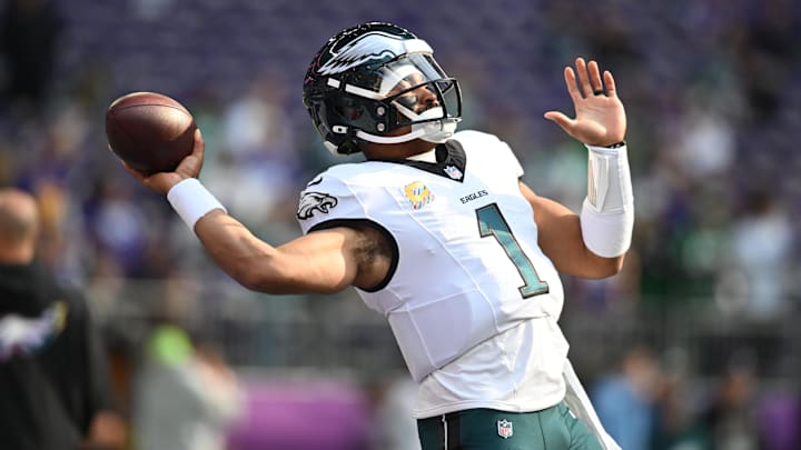 Philadelphia Eagles quarterback Jalen Hurts (1) warms up before the game against the Minnesota Vikings at U.S. Bank Stadium. Philadelphia Eagles quarterback Jalen Hurts (1) warms up before the game against the Minnesota Vikings at U.S. Bank Stadium.