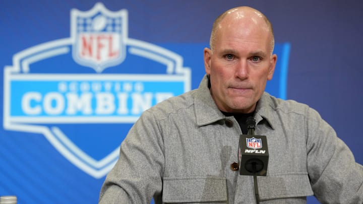 Feb 24, 2026; Indianapolis, IN, USA; Baltimore Ravens general manager Eric DeCosta speaks at the NFL Scouting Combine at the Indiana Convention Center. Mandatory Credit: Kirby Lee-Imagn Images Feb 24, 2026; Indianapolis, IN, USA; Baltimore Ravens general manager Eric DeCosta speaks at the NFL Scouting Combine at the Indiana Convention Center. Mandatory Credit: Kirby Lee-Imagn Images
