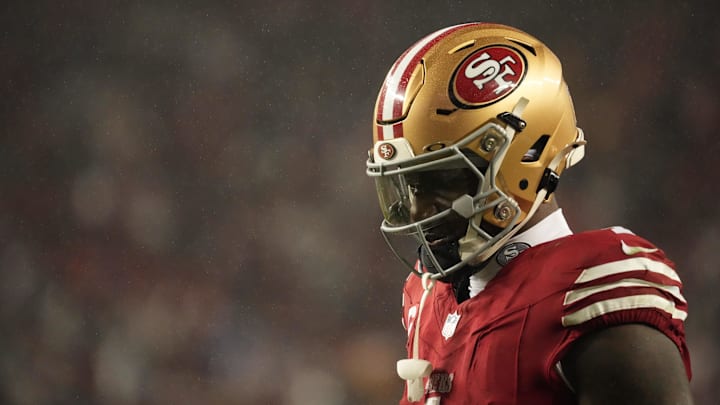 Dec 12, 2024; Santa Clara, California, USA; San Francisco 49ers wide receiver Deebo Samuel Sr (1) during the final seconds of the game against the Los Angeles Rams at Levi's Stadium. Mandatory Credit: Kelley L Cox-Imagn Images
