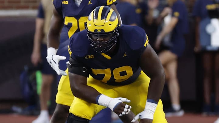 Michigan Wolverines offensive lineman Myles Hinton (78) gets set in the first half against the Fresno State Bulldogs at Michigan Stadium. Michigan Wolverines offensive lineman Myles Hinton (78) gets set in the first half against the Fresno State Bulldogs at Michigan Stadium.