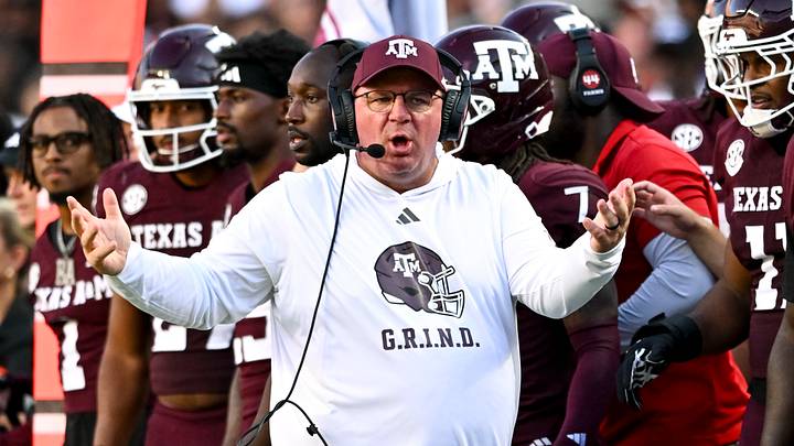 Sep 27, 2025; College Station, Texas, USA; Texas A&M Aggies head coach Mike Elko reacts against the Auburn Tigers during the fourth quarter at Kyle Field. Mandatory Credit: Maria Lysaker-Imagn Images