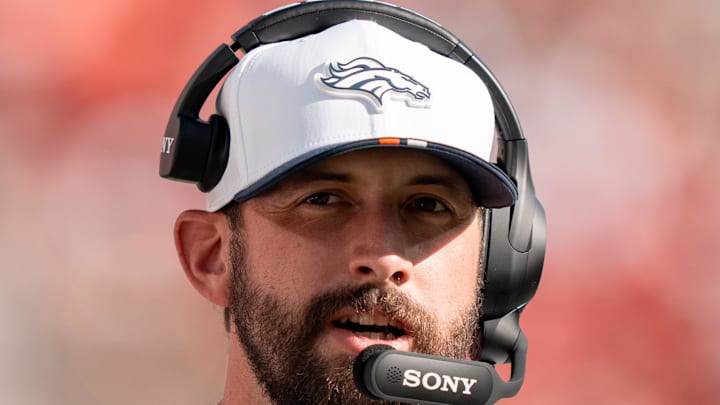 August 9, 2025; Santa Clara, California, USA; Denver Broncos offensive pass game coordinator Davis Webb before the game against the San Francisco 49ers at Levi's Stadium. Mandatory Credit: Kyle Terada-Imagn Images