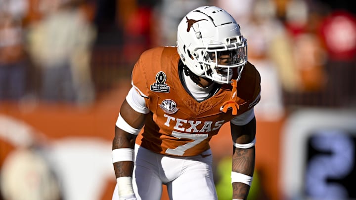 Dec 21, 2024; Austin, Texas, USA; Texas Longhorns defensive back Jahdae Barron (7) in action during the game between the Texas Longhorns and the Clemson Tigers in the CFP National Playoff First Round at Darrell K Royal-Texas Memorial Stadium. Mandatory Credit: Jerome Miron-Imagn Images