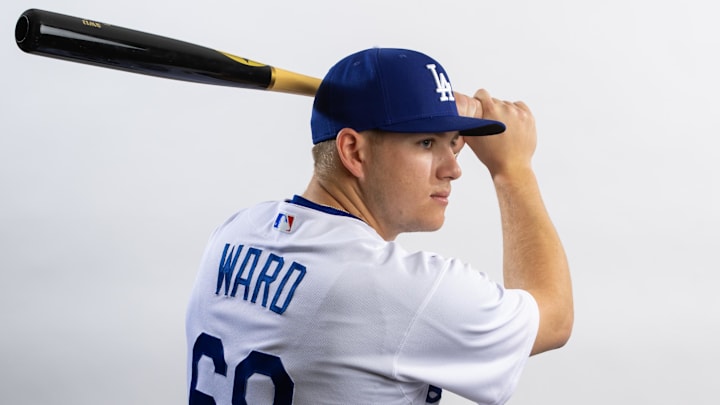 Feb 22, 2023; Glendale, AZ, US; Los Angeles Dodgers outfielder Ryan Ward poses for a portrait during