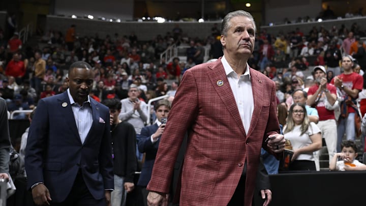 Mar 26, 2026; San Jose, CA, USA; Arkansas Razorbacks head coach John Calipari returns to the court after halftime against the Arizona Wildcats during a Sweet Sixteen game of the West Regional of the men's 2026 NCAA Tournament at SAP Center.