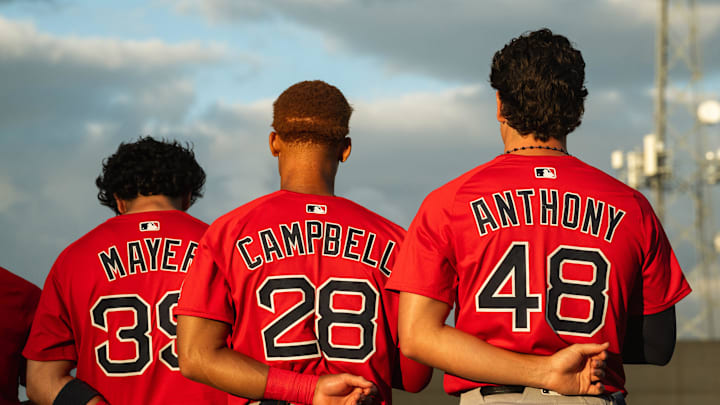 Boston's top-three prospects in Marcelo Mayer, Kristian Campbell and Roman Anthony stand for the national anthem ahead of a Spring Training breakout game on March 13, 2025. Boston's top-three prospects in Marcelo Mayer, Kristian Campbell and Roman Anthony stand for the national anthem ahead of a Spring Training breakout game on March 13, 2025.
