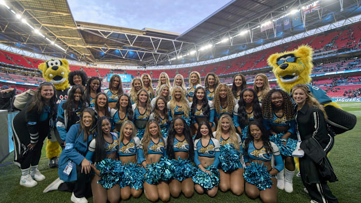 Oct 20, 2024; London, United Kingdom; The Jacksonville Jaguars cheer team after the game against the New England Patriots during an NFL International Series game at Wembley Stadium. Mandatory Credit: Peter van den Berg-Imagn Images