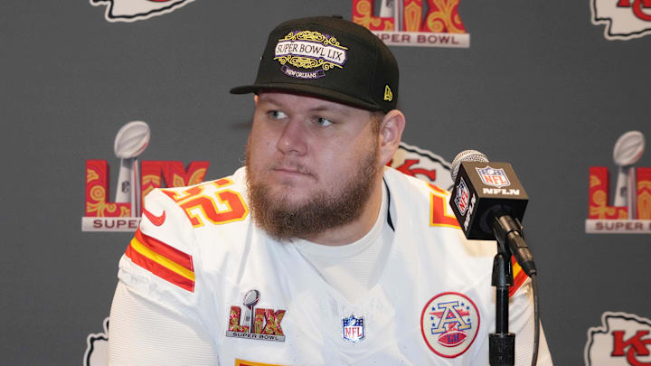 Feb 4, 2025; New Orleans, LA, USA; Kansas City Chiefs center Creed Humphrey (52) at a press conference in advance of Super Bowl LIX at New Orleans Marriott. Mandatory Credit: Kirby Lee-Imagn Images Feb 4, 2025; New Orleans, LA, USA; Kansas City Chiefs center Creed Humphrey (52) at a press conference in advance of Super Bowl LIX at New Orleans Marriott. Mandatory Credit: Kirby Lee-Imagn Images