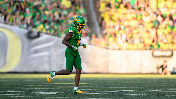 Aug 31, 2024; Eugene, Oregon, USA; Oregon Ducks wide receiver Traeshon Holden (1) leaves the field during the second half against the Idaho Vandals at Autzen Stadium.