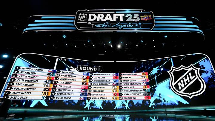 Jun 27, 2025; Los Angeles, California, USA; The draft board is seen following the first round of the 2025 NHL Draft at Peacock Theater. Mandatory Credit: Kirby Lee-Imagn Images Jun 27, 2025; Los Angeles, California, USA; The draft board is seen following the first round of the 2025 NHL Draft at Peacock Theater. Mandatory Credit: Kirby Lee-Imagn Images