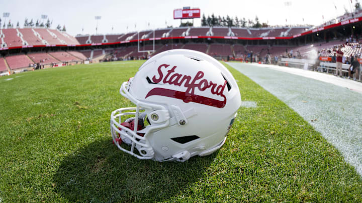 White Stanford helmet with red lettering White Stanford helmet with red lettering