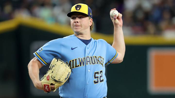 Jul 3, 2026; Phoenix, Arizona, USA; Milwaukee Brewers pitcher Kyle Harrison against the Arizona Diamondbacks at Chase Field. Mandatory Credit: Mark J. Rebilas-Imagn Images Jul 3, 2026; Phoenix, Arizona, USA; Milwaukee Brewers pitcher Kyle Harrison against the Arizona Diamondbacks at Chase Field. Mandatory Credit: Mark J. Rebilas-Imagn Images