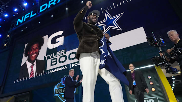 Alabama Crimson Tide offensive lineman Tyler Booker is selected by the Dallas Cowboys in the first round of the 2025 NFL Draft at Lambeau Field.