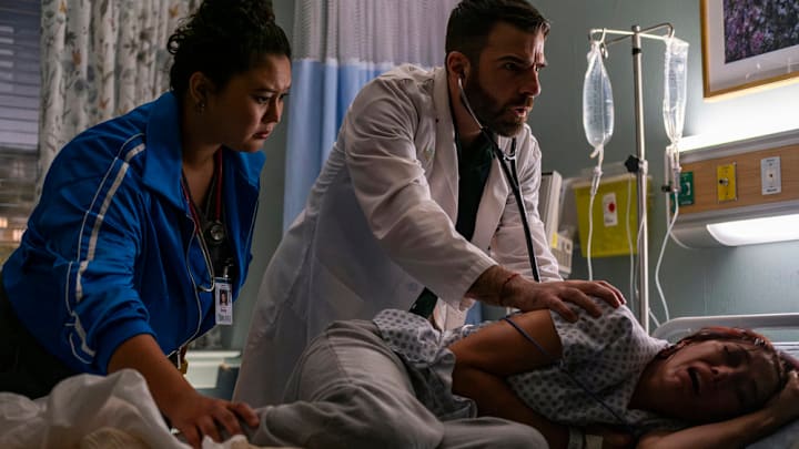 BRILLIANT MINDS -- "The First Responder" Episode 110 -- Pictured: (l-r) Aury Krebs as Dr. Dana Dang, Zachary Quinto as Dr. Oliver Wolf, Mishel Prada as Katie Rodriguez 