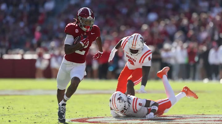 Alabama Wide Receiver Ryan Williams (2) runs for a touchdown against Mercer at Bryant-Denny Stadium in Tuscaloosa, AL on Saturday, Nov 16, 2024. Alabama Wide Receiver Ryan Williams (2) runs for a touchdown against Mercer at Bryant-Denny Stadium in Tuscaloosa, AL on Saturday, Nov 16, 2024.