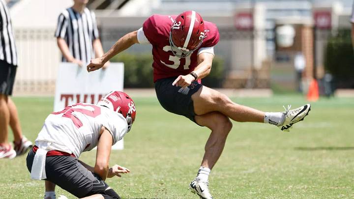 8/23/26 MFB Fall Camp Practice 14 Alabama Punter Alex Asparuhov (32) Alabama Kicker Conor Talty (31) Photo by Kent Gidley 8/23/26 MFB Fall Camp Practice 14 Alabama Punter Alex Asparuhov (32) Alabama Kicker Conor Talty (31) Photo by Kent Gidley