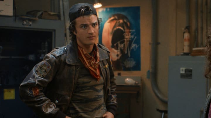 STRANGER THINGS: SEASON 5. (L to R) Joe Keery as Steve Harrington, Natalia Dyer as Nancy Wheeler, and Gaten Matarazzo as Dustin Henderson in Stranger Things: Season 5. 