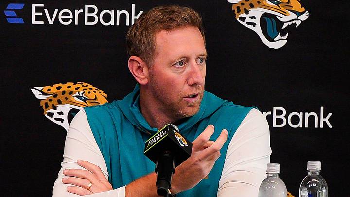 The Jacksonville Jaguars head coach Liam Coen spoke about year one and year two as the head coach during the annual pre-draft luncheon press conference in the media room at the Miller Electric Center Thursday April 9, 2026 in Jacksonville, Fla. [Doug Engle/Florida Times-Union]