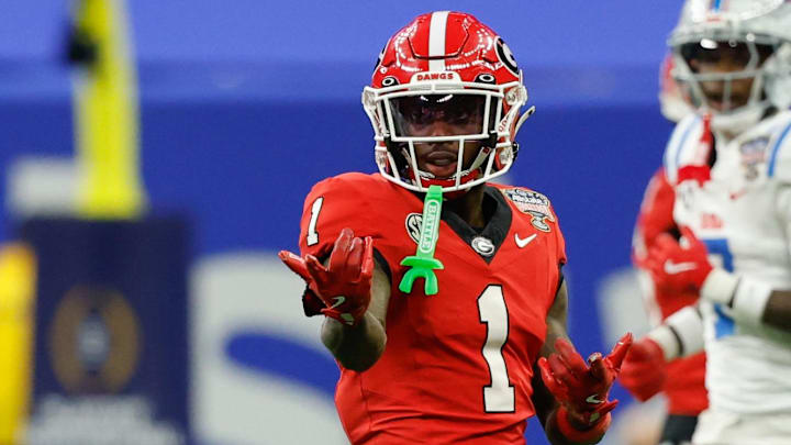 Jan 1, 2026; New Orleans, LA, USA; Georgia Bulldogs wide receiver Zachariah Branch (1) reacts after a play against the Mississippi Rebels in the first quarter during the 2026 Sugar Bowl and quarterfinal game of the College Football Playoff at Caesars Superdome. Mandatory Credit: Geoff Burke-Imagn Images