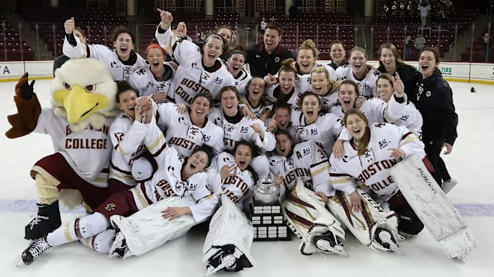 Boston College celebrate after capturing the 2018 Beanpot, the last time the Eagles captured the trophy. Boston College celebrate after capturing the 2018 Beanpot, the last time the Eagles captured the trophy.