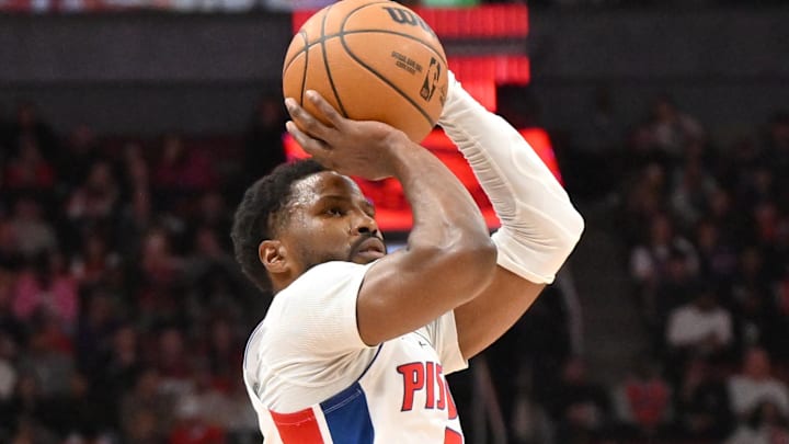 Apr 4, 2025; Toronto, Ontario, CAN;  Detroit Pistons guard Malik Beasley (5) shoots the ball against the Toronto Raptors in the first half at Scotiabank Arena.