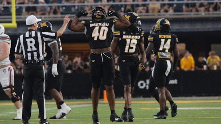 Sept 20, 2025; Columbia, Missouri, USA; Missouri Tigers linebacker Josiah Trotter celebrates in the second quarter against South Carolina.