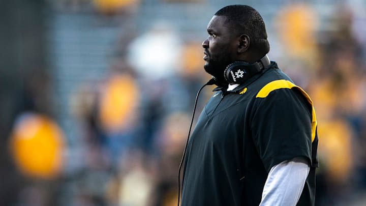 Iowa defensive line coach Kelvin Bell calls out instructions during a NCAA non-conference football game against Colorado State, Saturday, Sept. 25, 2021, at Kinnick Stadium in Iowa City, Iowa.

210925 Colo St Iowa Fb 065 Jpg