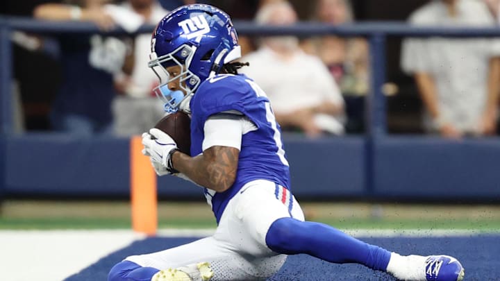 Sep 14, 2025; Arlington, Texas, USA; New York Giants wide receiver Wan'Dale Robinson (17) makes a catch for a touchdown against the New York Giants during the fourth quarter at AT&T Stadium. Mandatory Credit: Kevin Jairaj-Imagn Images Sep 14, 2025; Arlington, Texas, USA; New York Giants wide receiver Wan'Dale Robinson (17) makes a catch for a touchdown against the New York Giants during the fourth quarter at AT&T Stadium. Mandatory Credit: Kevin Jairaj-Imagn Images