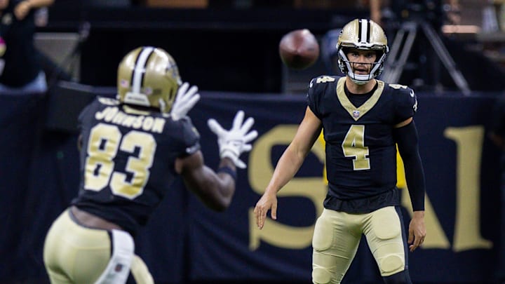 Aug 13, 2023; New Orleans, Louisiana, USA; New Orleans Saints quarterback Derek Carr (4) passes to