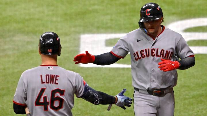 Oct 13, 2026; St. Petersburg, Florida, USA; Cleveland Guardians catcher Patrick Bailey (16) reacts with first baseman Nathaniel Lowe (46) after scoring a run in the seventh inning in game two of the ALCS for the 2026 MLB Playoffs at Tropicana Field. Mandatory Credit: Pablo Robles-Imagn Images Oct 13, 2026; St. Petersburg, Florida, USA; Cleveland Guardians catcher Patrick Bailey (16) reacts with first baseman Nathaniel Lowe (46) after scoring a run in the seventh inning in game two of the ALCS for the 2026 MLB Playoffs at Tropicana Field. Mandatory Credit: Pablo Robles-Imagn Images