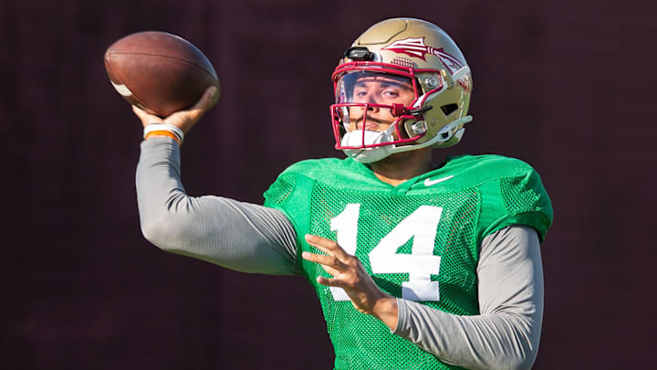 Florida State Seminoles quarterback Ashton Daniels (14) winds up to pass Thursday, April 9, 2026.